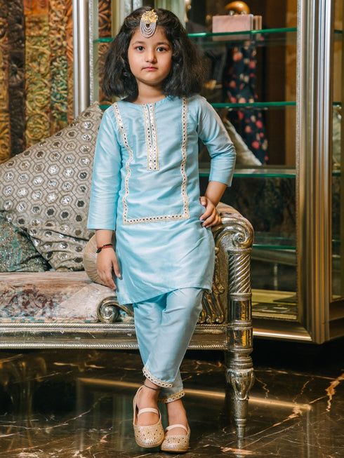 Girl's' Aqua Viscose Kurta Pant Set
